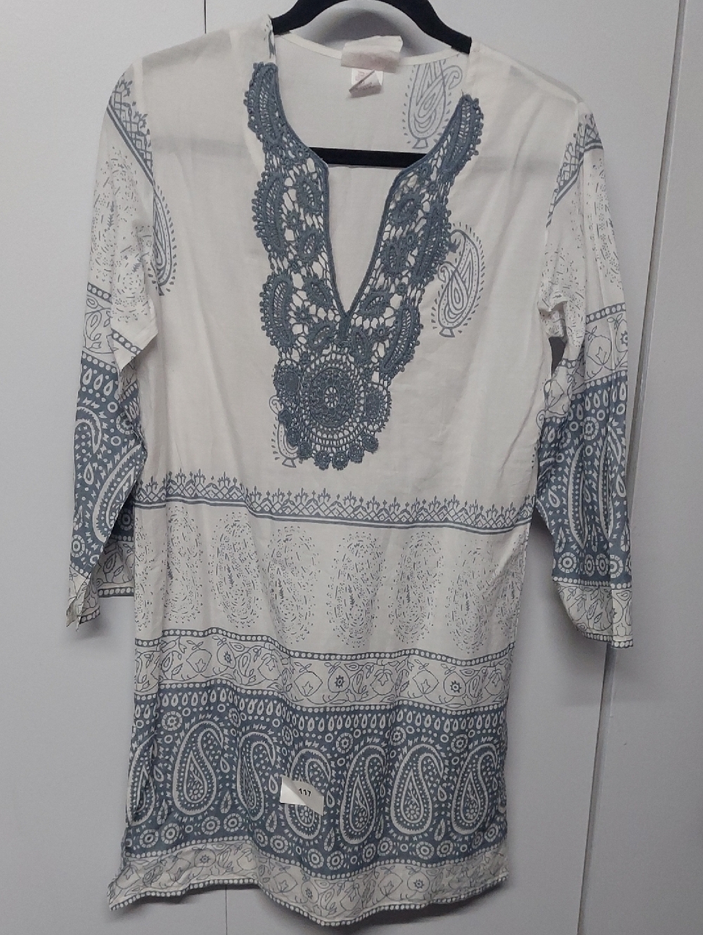 Boemo White Tunic with Blue Paisley Crochet  Neckline Lace